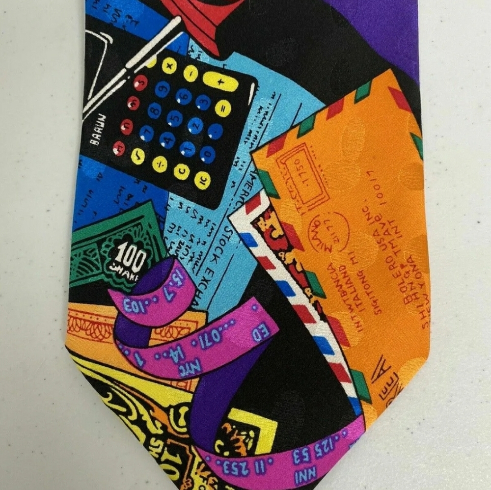 Addiction Neck Tie Vintage Wall Street Money Financial Theme Bright Colors - Picture 6 of 8